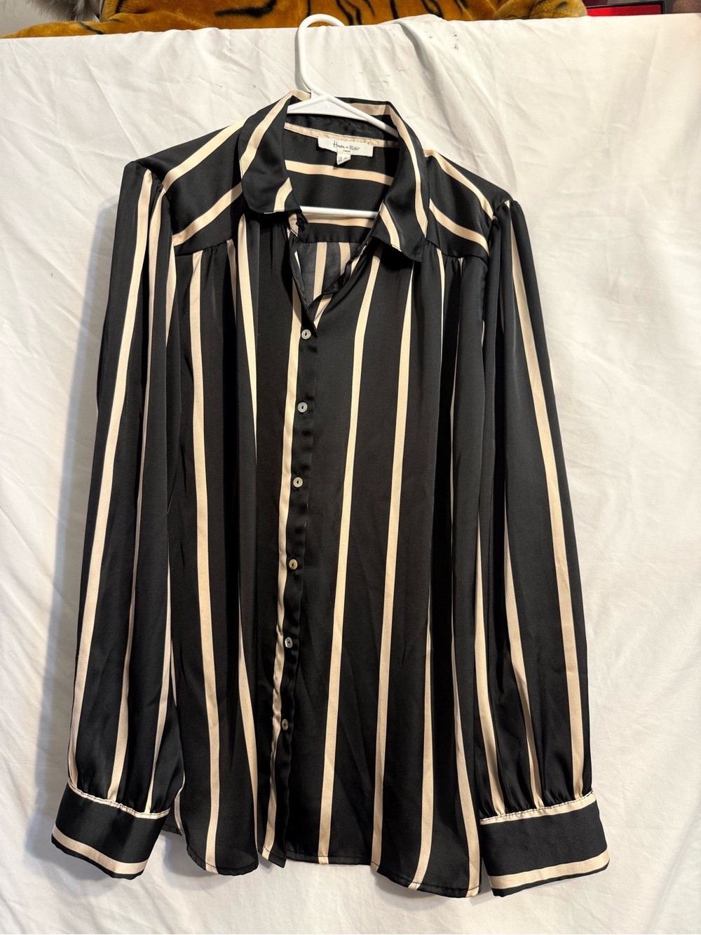 Striped Satin-Feel Button Front Blouse in Black and Cream